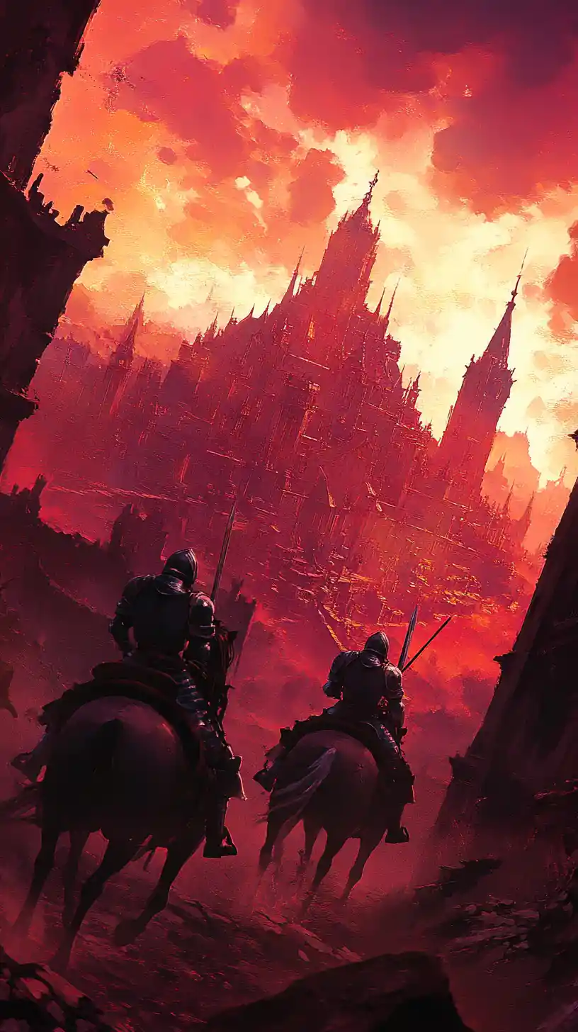 Armored horsemen ride toward a distant ominous castle
