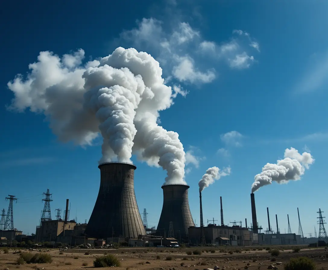 藍天下污染荒蕪廢土的工業煙囪
