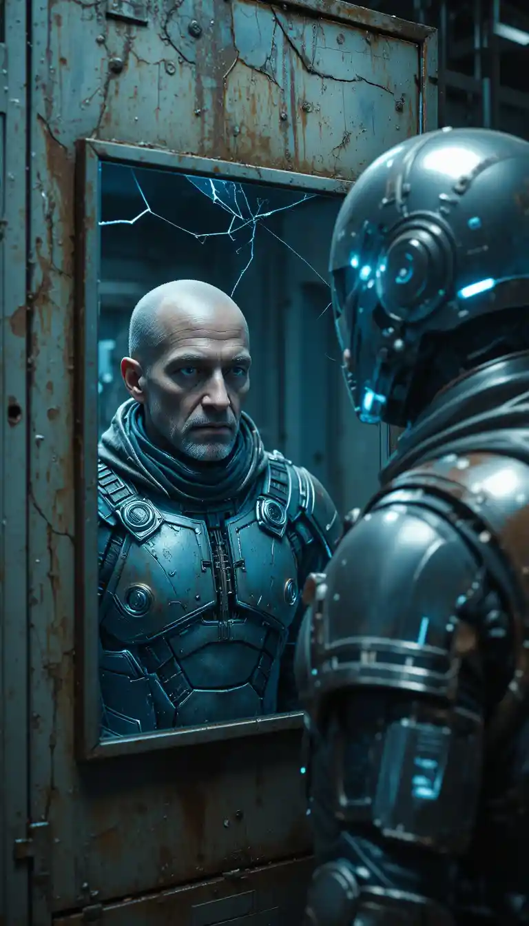Soldado de ciencia ficción desgastado frente a su reflejo impecable en el espejo