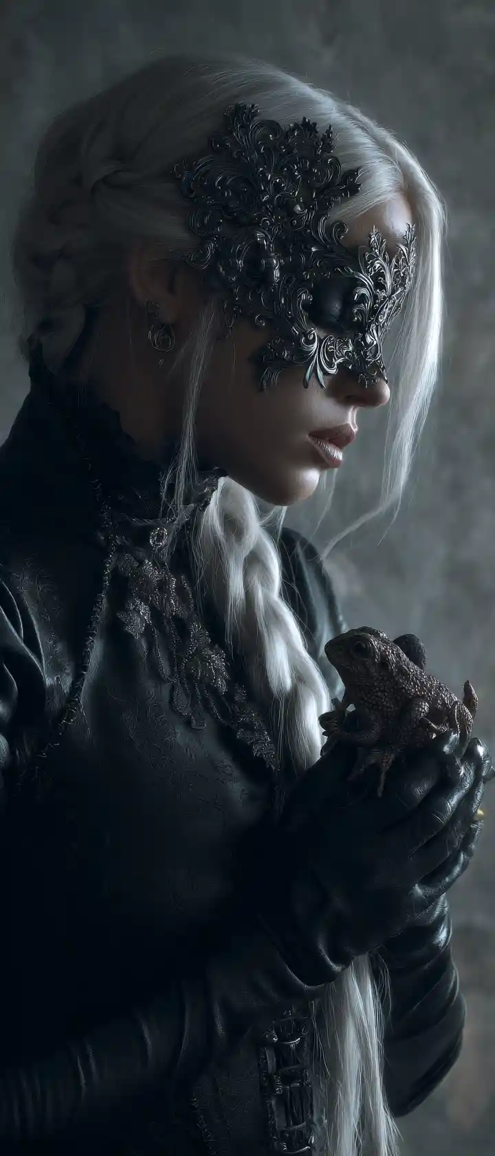 Dark fantasy woman with mask and mechanical toad