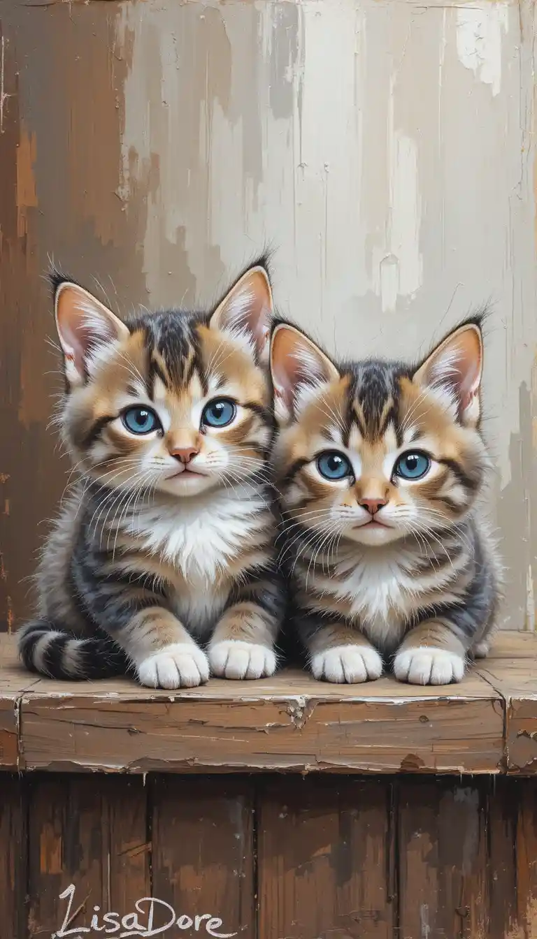 Two fluffy tabby kittens resting on a simple wooden surface