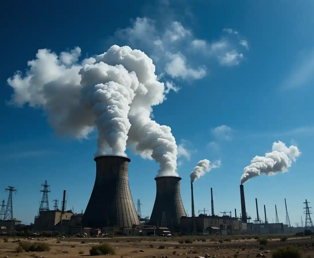 Chimeneas industriales contaminando un páramo estéril bajo un cielo azul