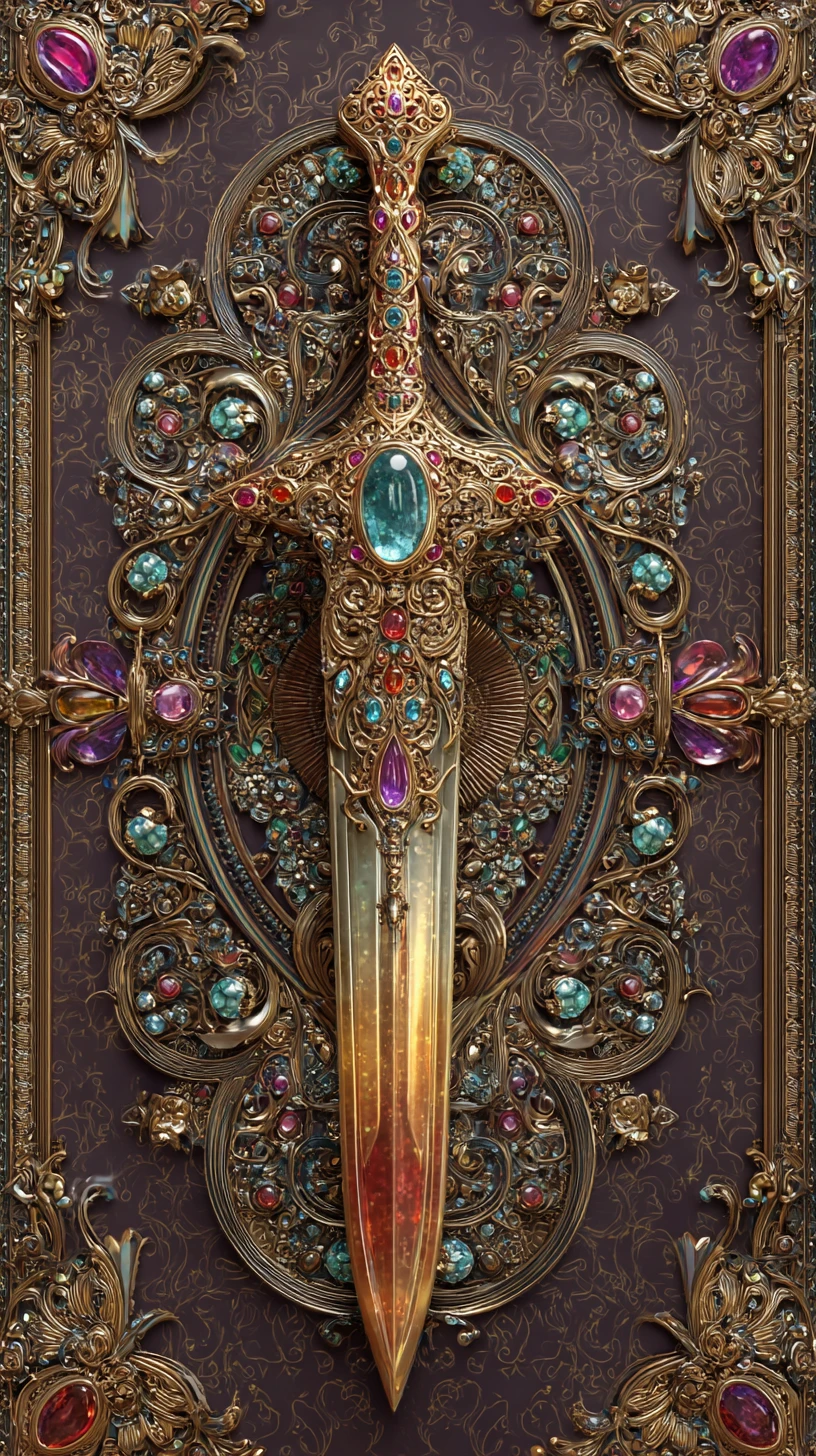 Espada de gema sobre un fondo de fantasía místico y ornamentado