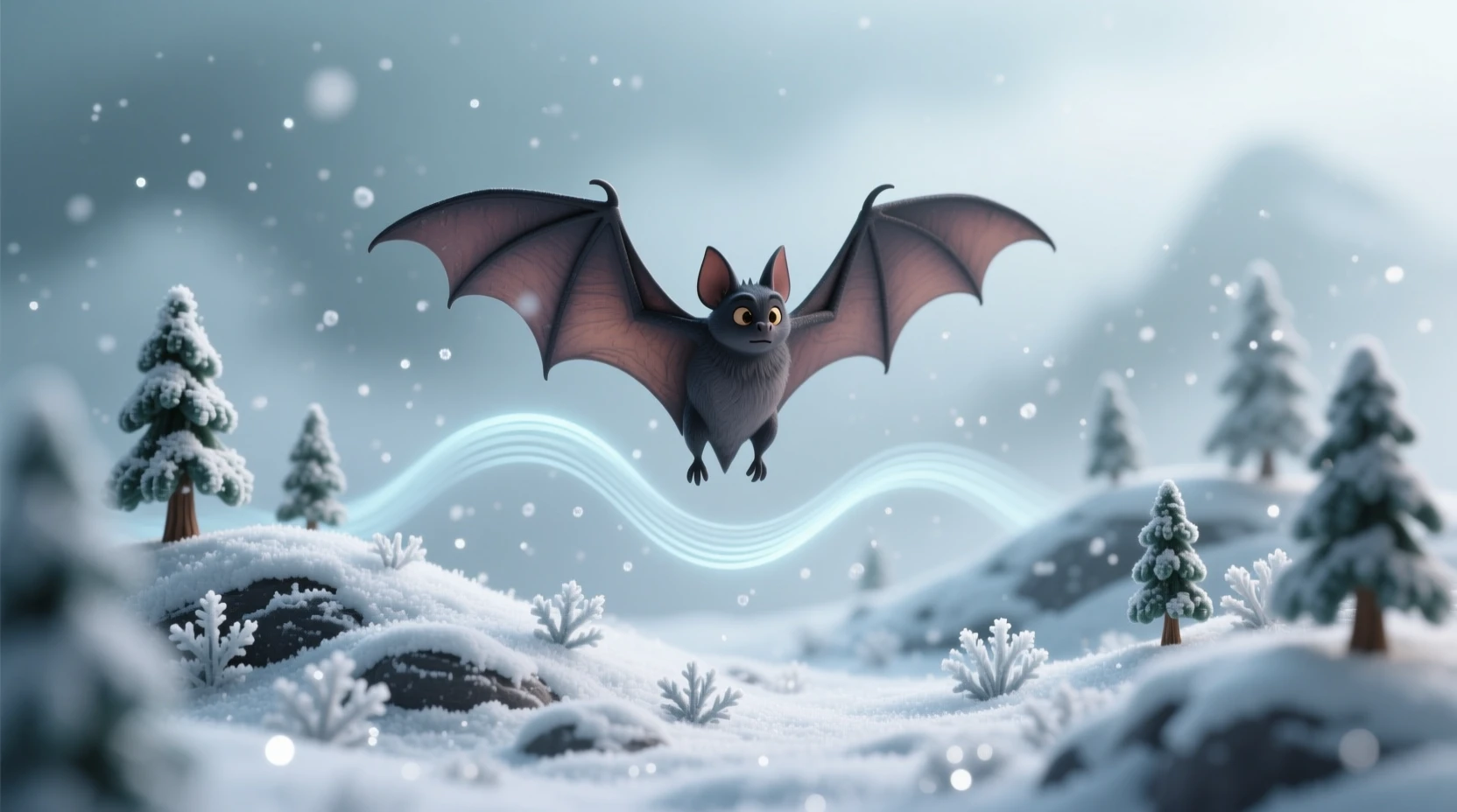 Chauve-souris en macro au-dessus d’un paysage miniature enneigé dans une ambiance brumeuse