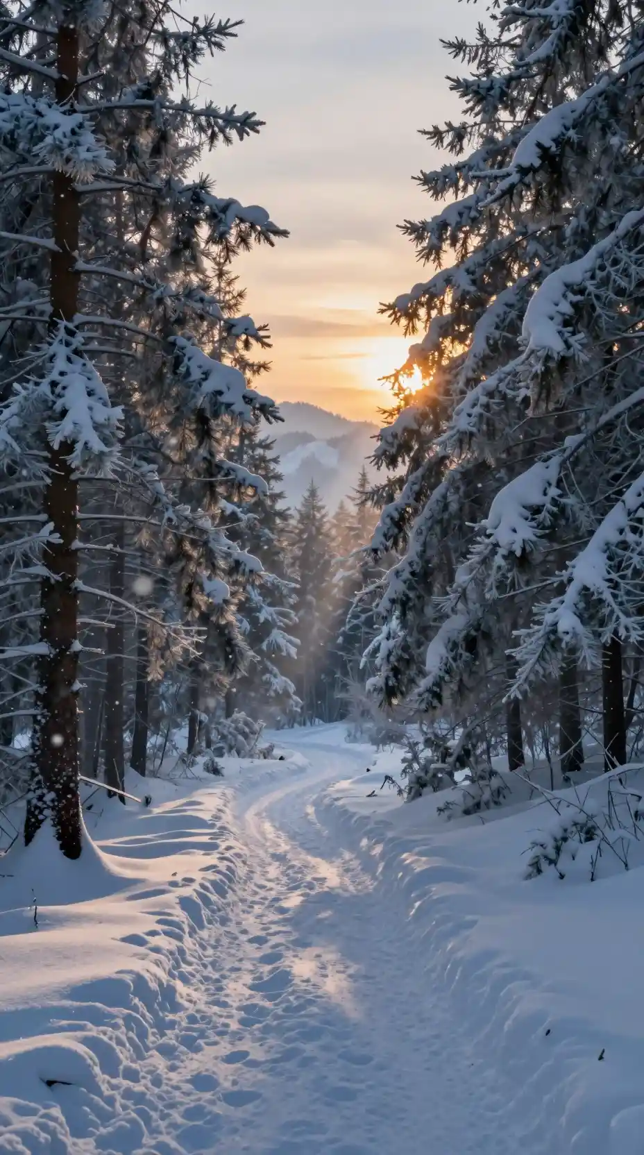 Sentiero innevato nel bosco al crepuscolo con soffice luce dorata