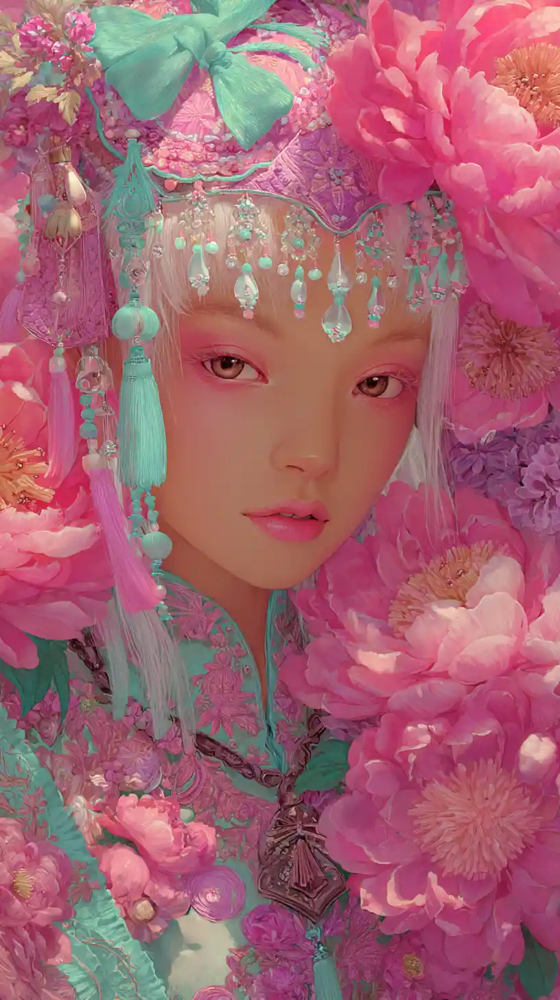 Fantasy portrait of jeweled east asian woman with flowers
