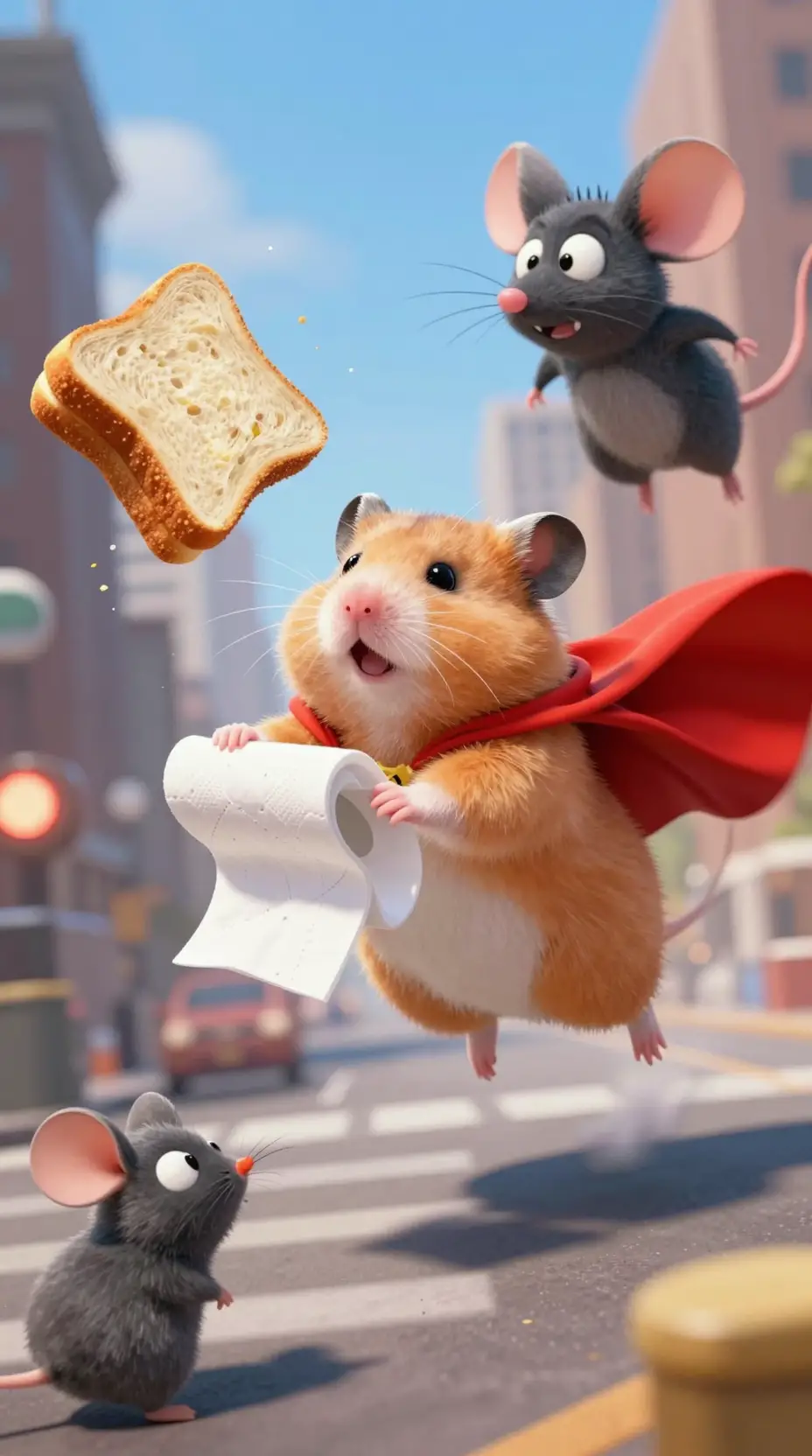 Superhero hamster flying above the city saving a sandwich