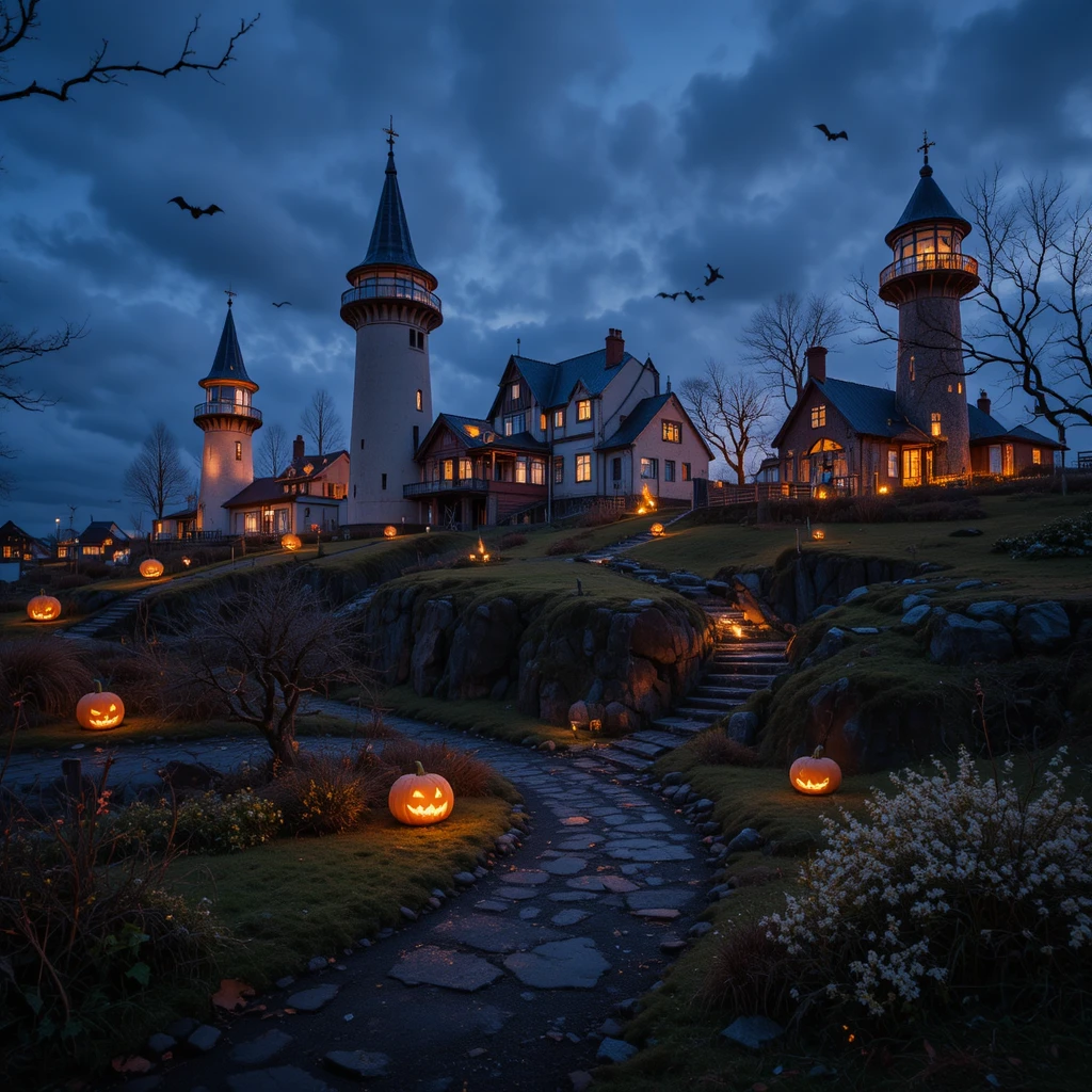 Halloween themed houses glowing on an Icelandic street