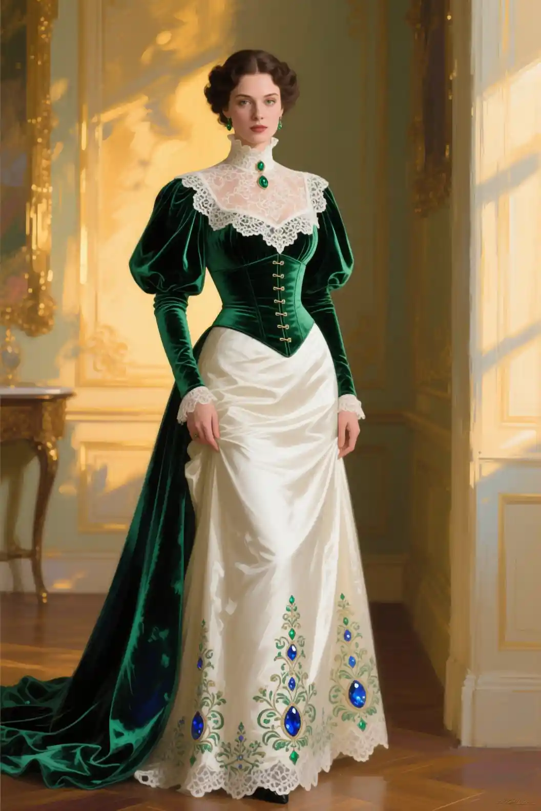 Elegant Edwardian woman in velvet evening gown portrait