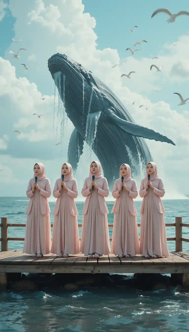 Mujeres cantando con hiyabs en tonos pastel junto a una ballena en la orilla del mar