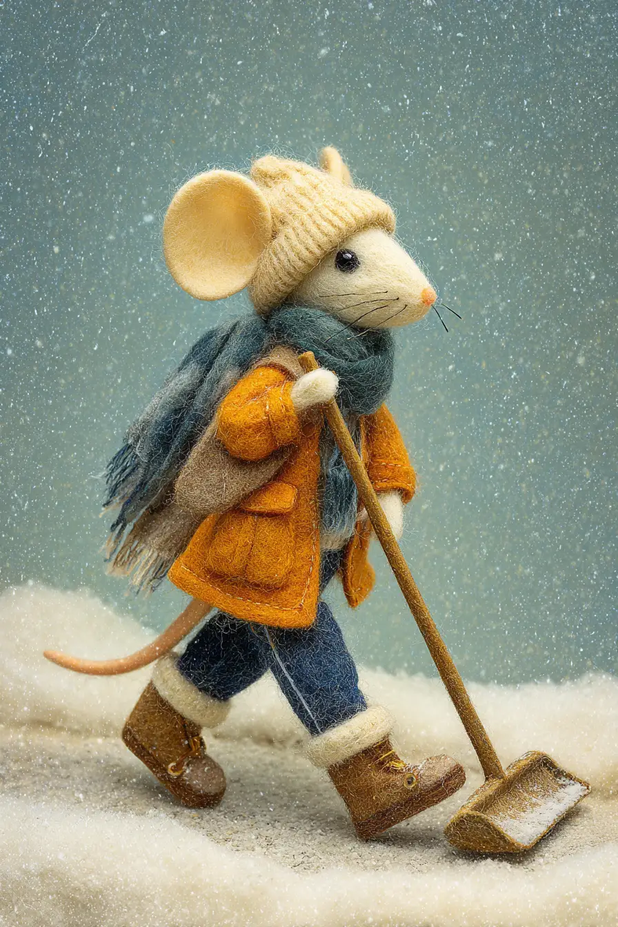 Anthropomorphic Mouse Shoveling Snow On A Winter Street