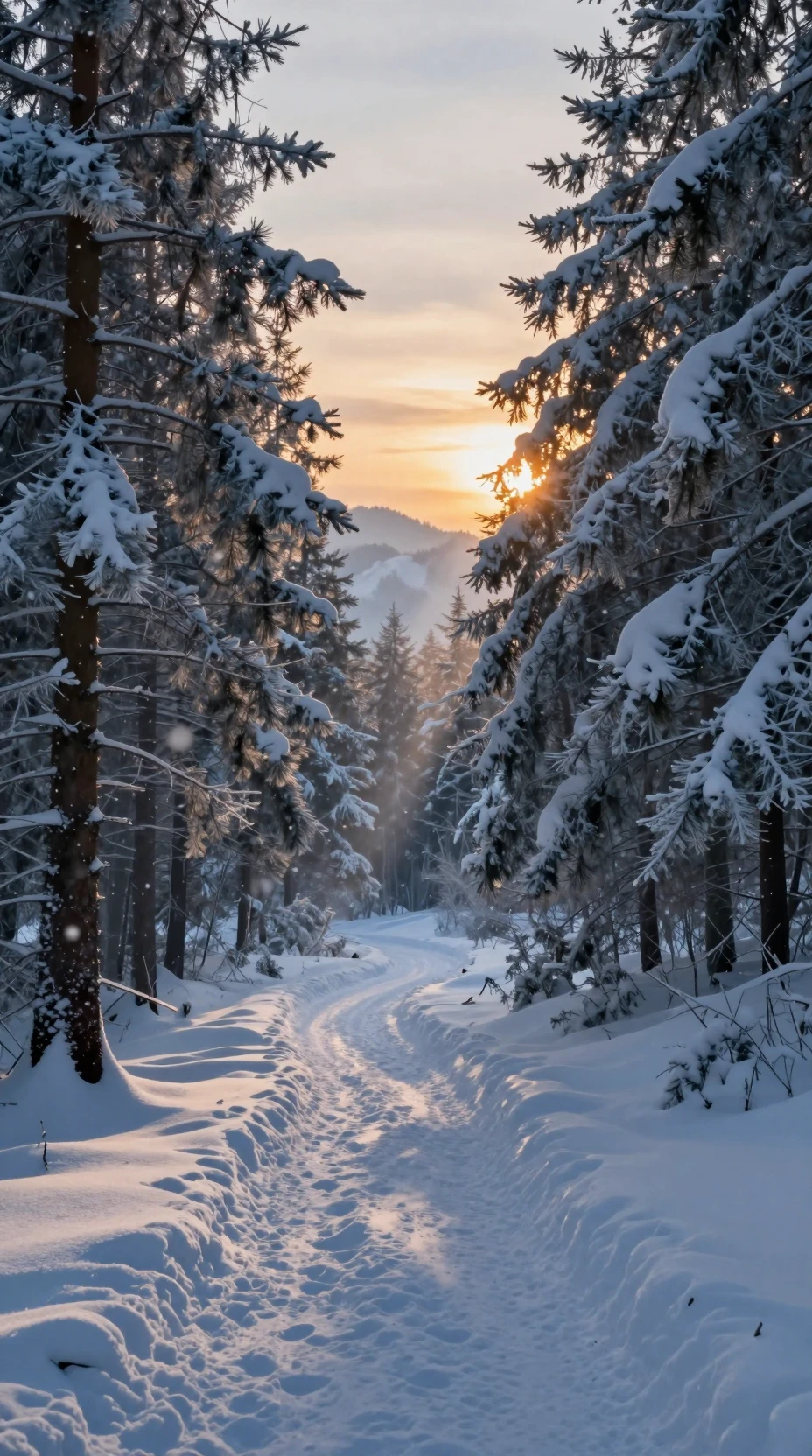 Sentiero innevato nel bosco al crepuscolo con soffice luce dorata