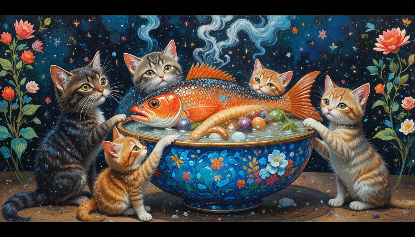 Playful kittens gather around a steaming bowl of fish