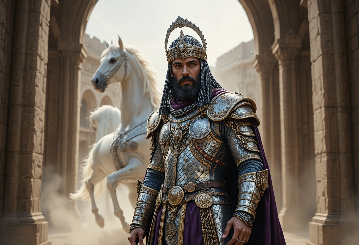 Persian noble warrior in silver armor beneath grand arch