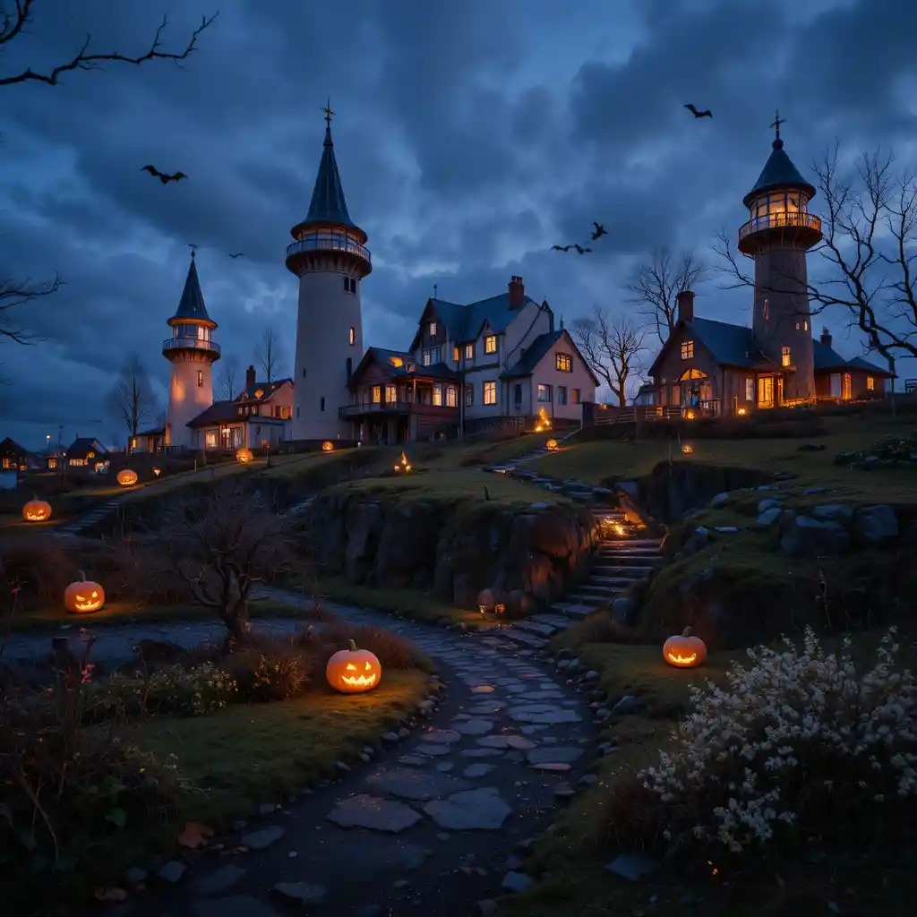 Halloween themed houses glowing on an Icelandic street