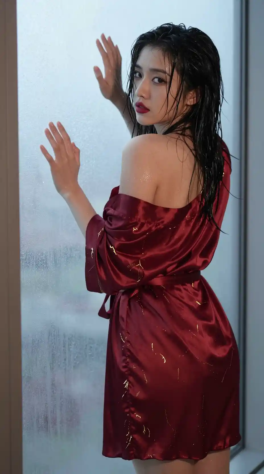 Wet silk robe woman leaning against a tall window