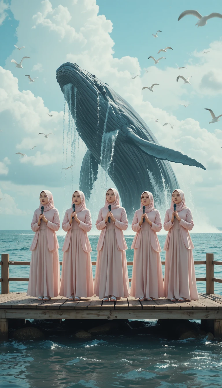 Mujeres cantando con hiyabs en tonos pastel junto a una ballena en la orilla del mar