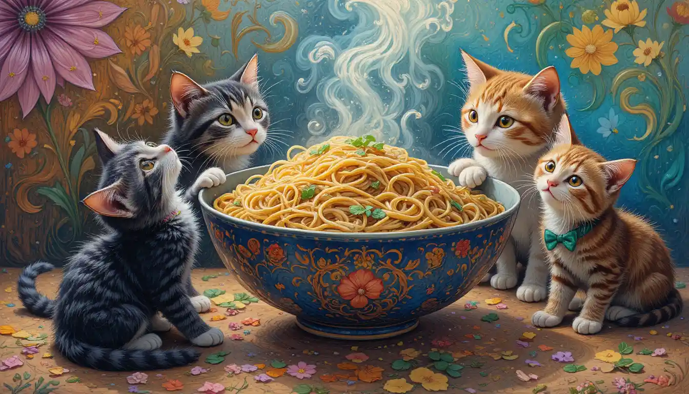 Playful kittens circling a steaming bowl of colorful noodles