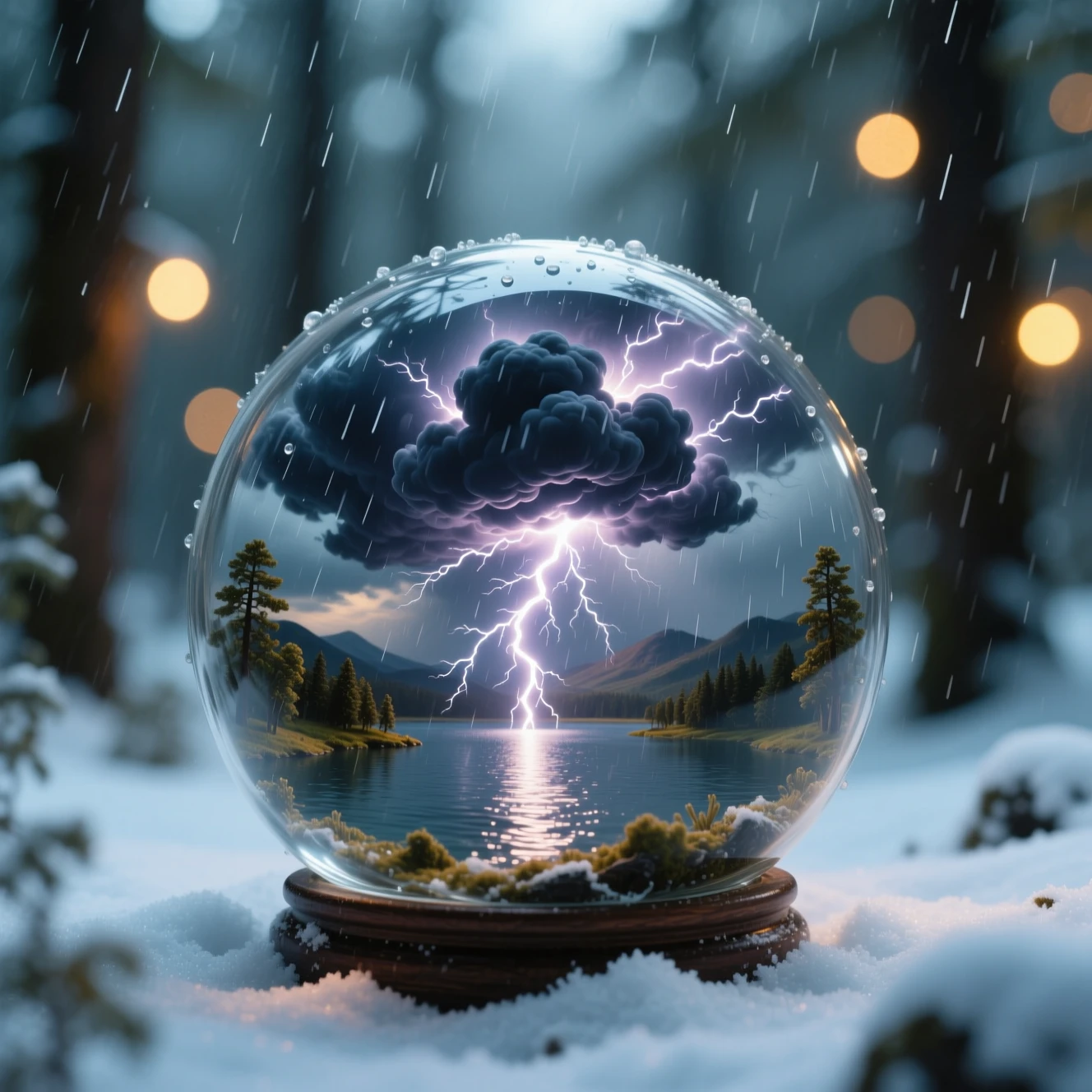 Orbe de vidro cheio de tempestade na neve em uma floresta silenciosa