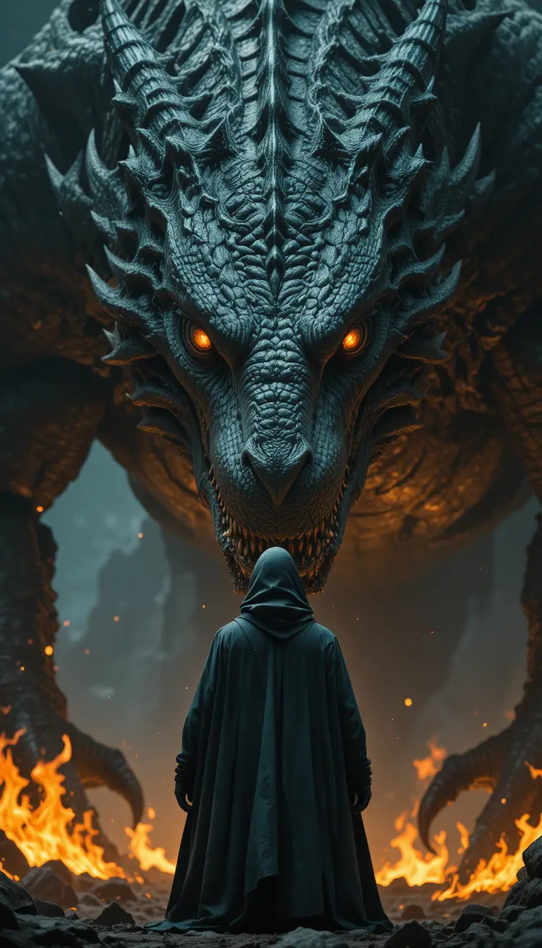 Enorme dragón al acecho sobre una solitaria figura encapuchada