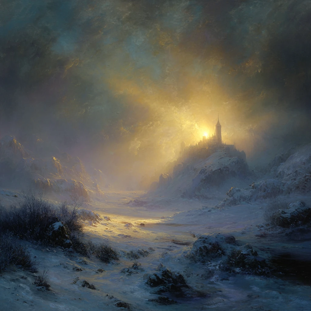 Vale de inverno etéreo ao crepúsculo com torre de igreja ao longe