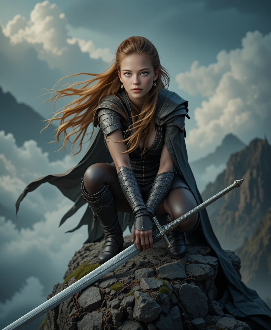 Blonde warrior woman on cliff with sword in epic sky