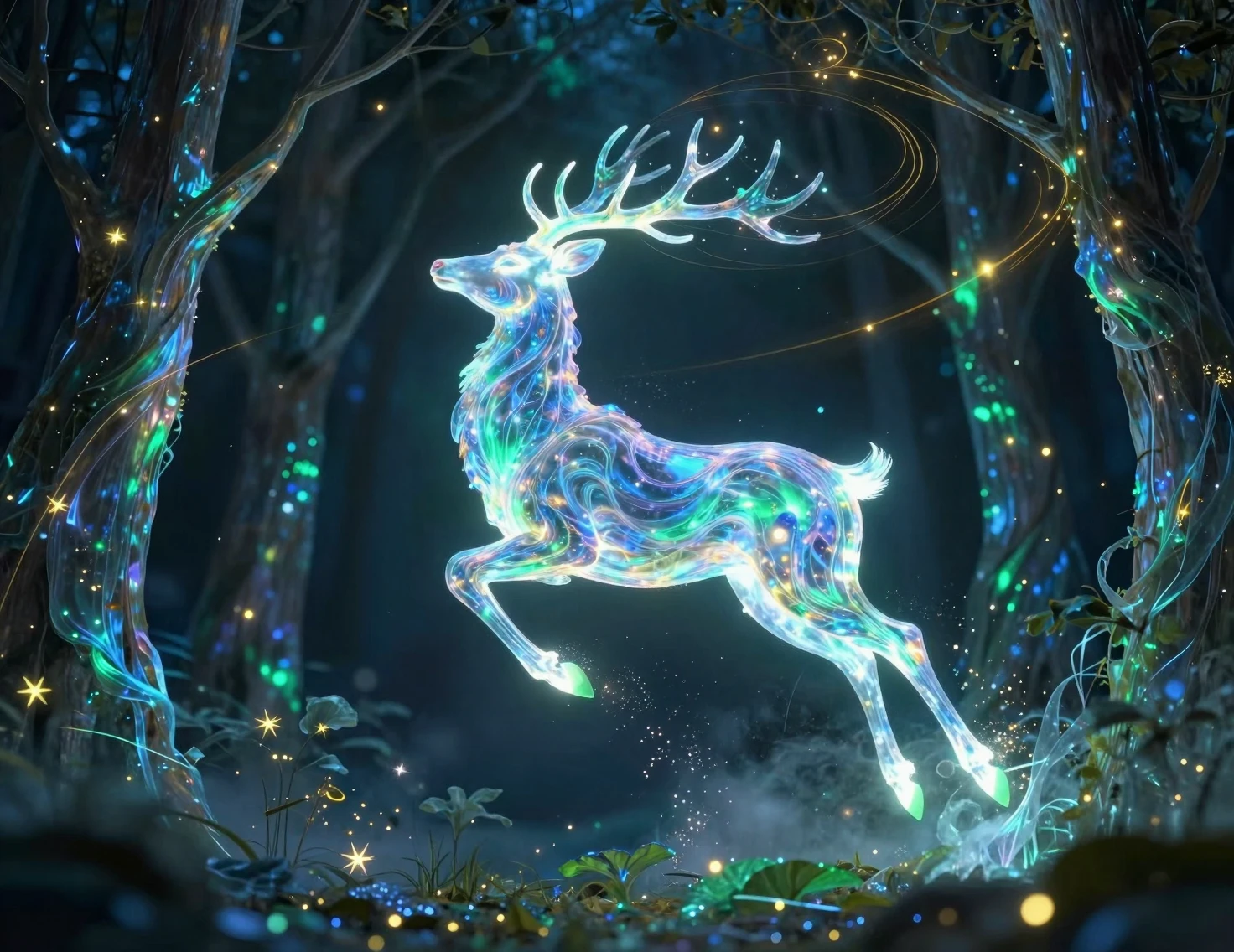 Luminous Deer Leaping Through An Ethereal Cosmic Forest