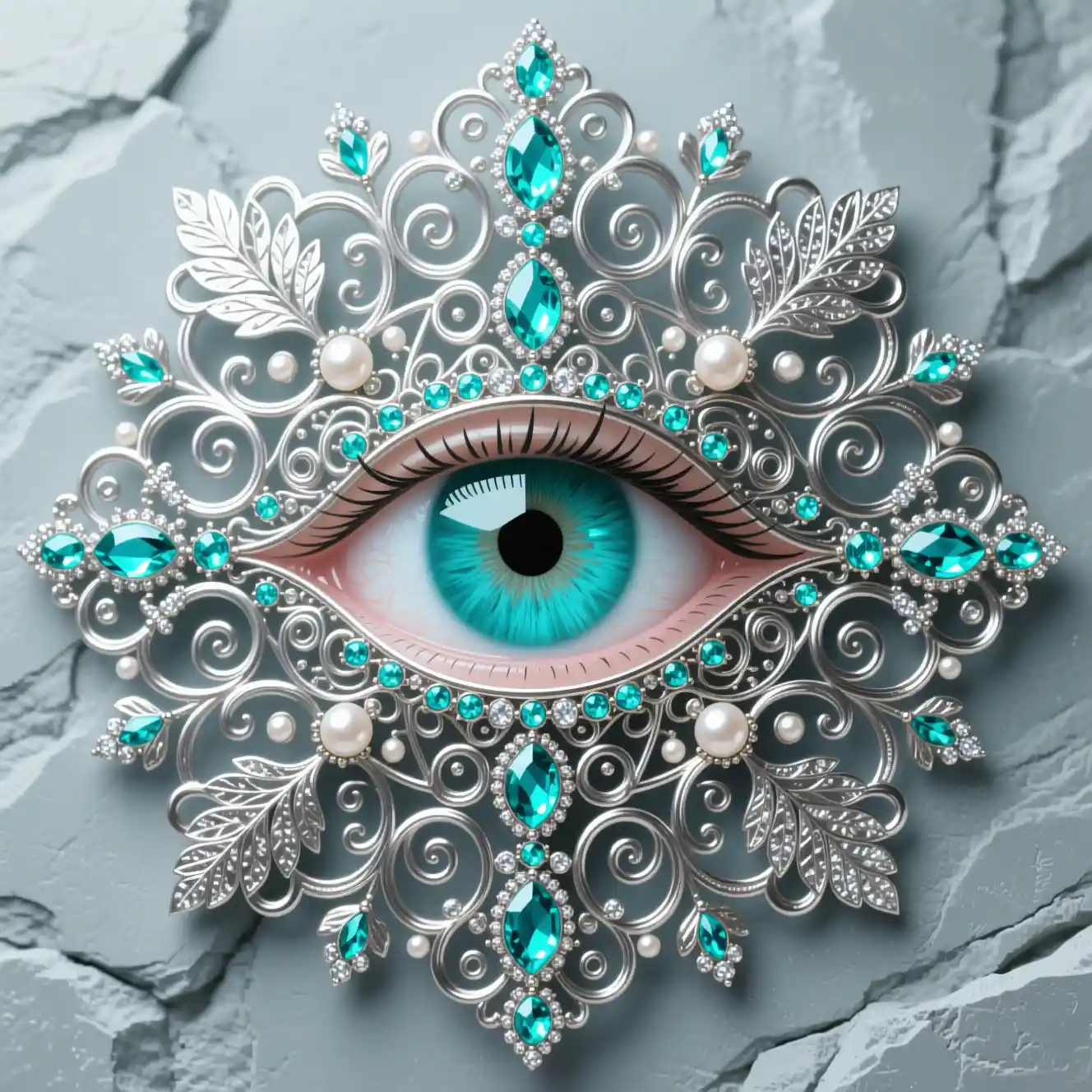 Olho turquesa ornamentado com filigrana de prata e gemas