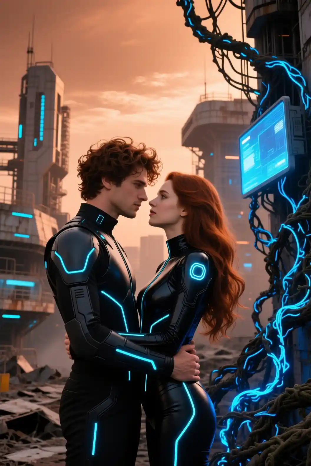 Couple futuriste s’enlaçant au milieu de ruines sci‑fi lumineuses