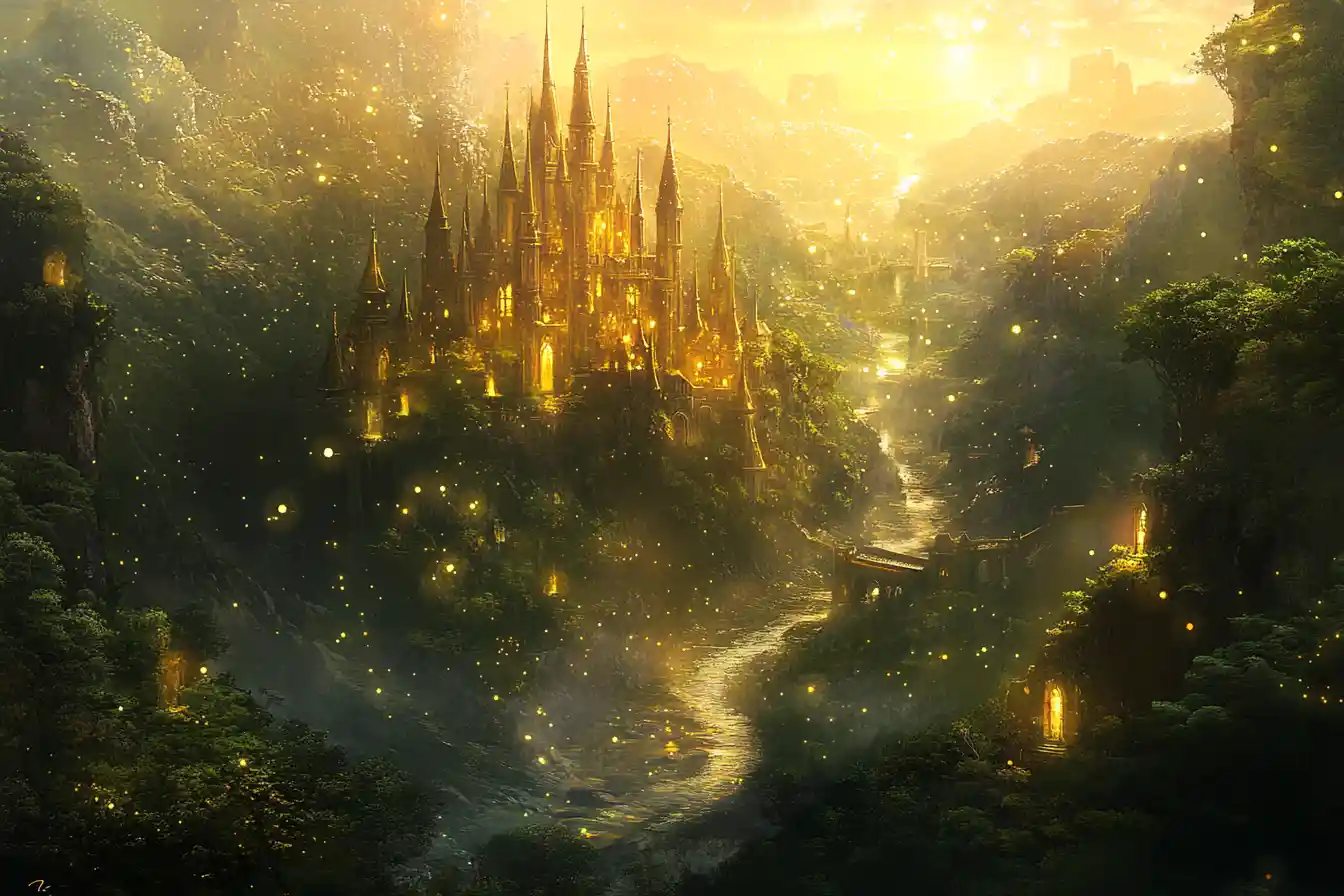 Golden castles rising over rivers in a magical land