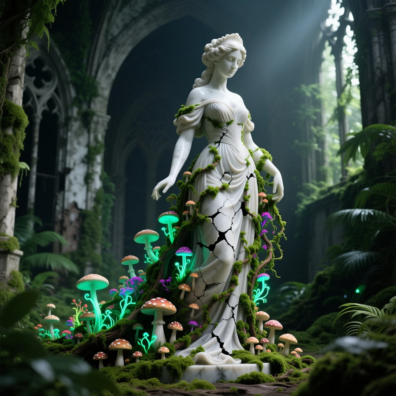 Living marble lady entwined with glowing jungle flora