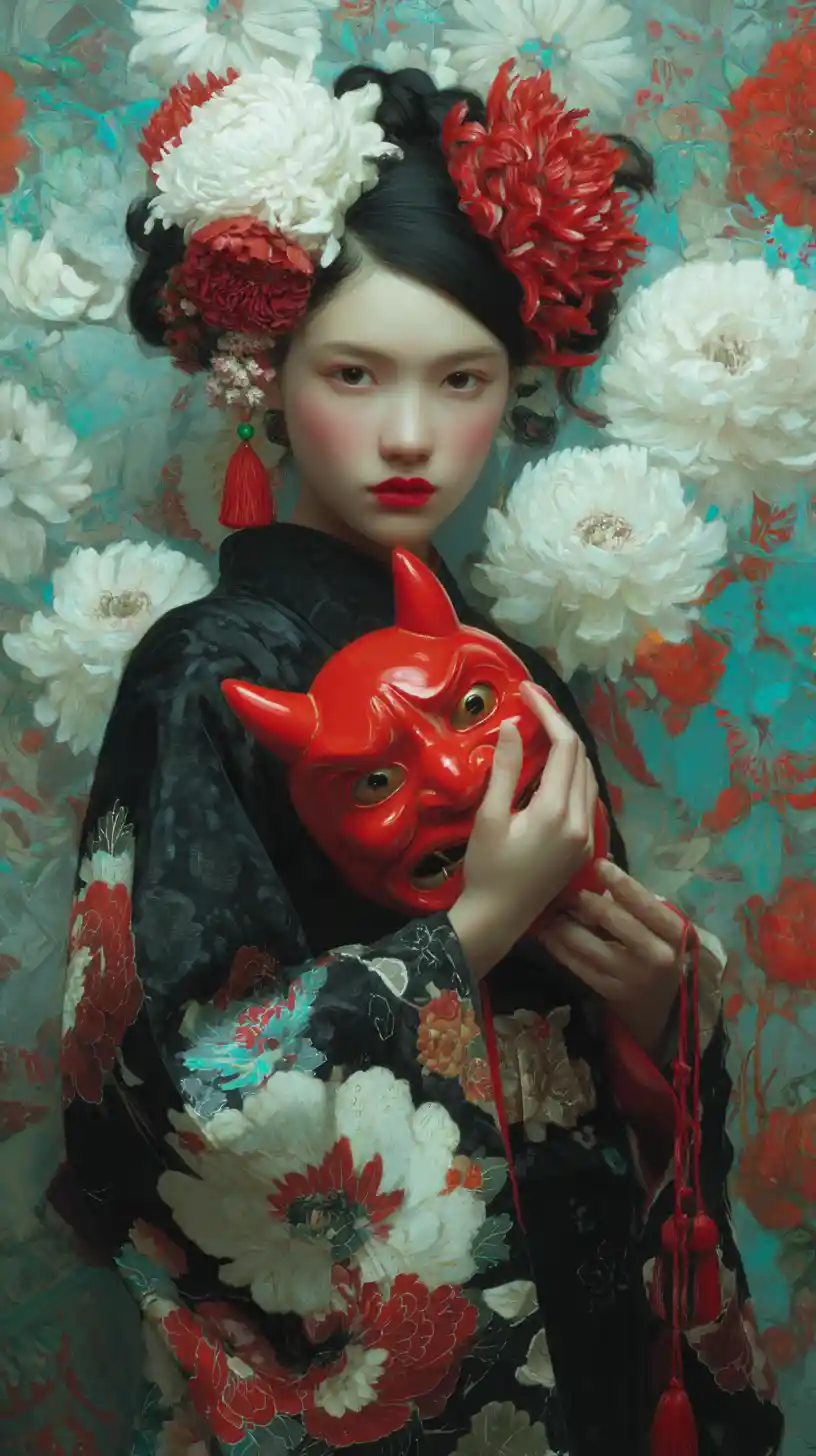 Donna asiatica serena con maschera di demone rossa e fiori