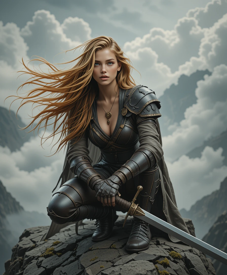 Blonde warrior woman on a cliff with sword and cloak