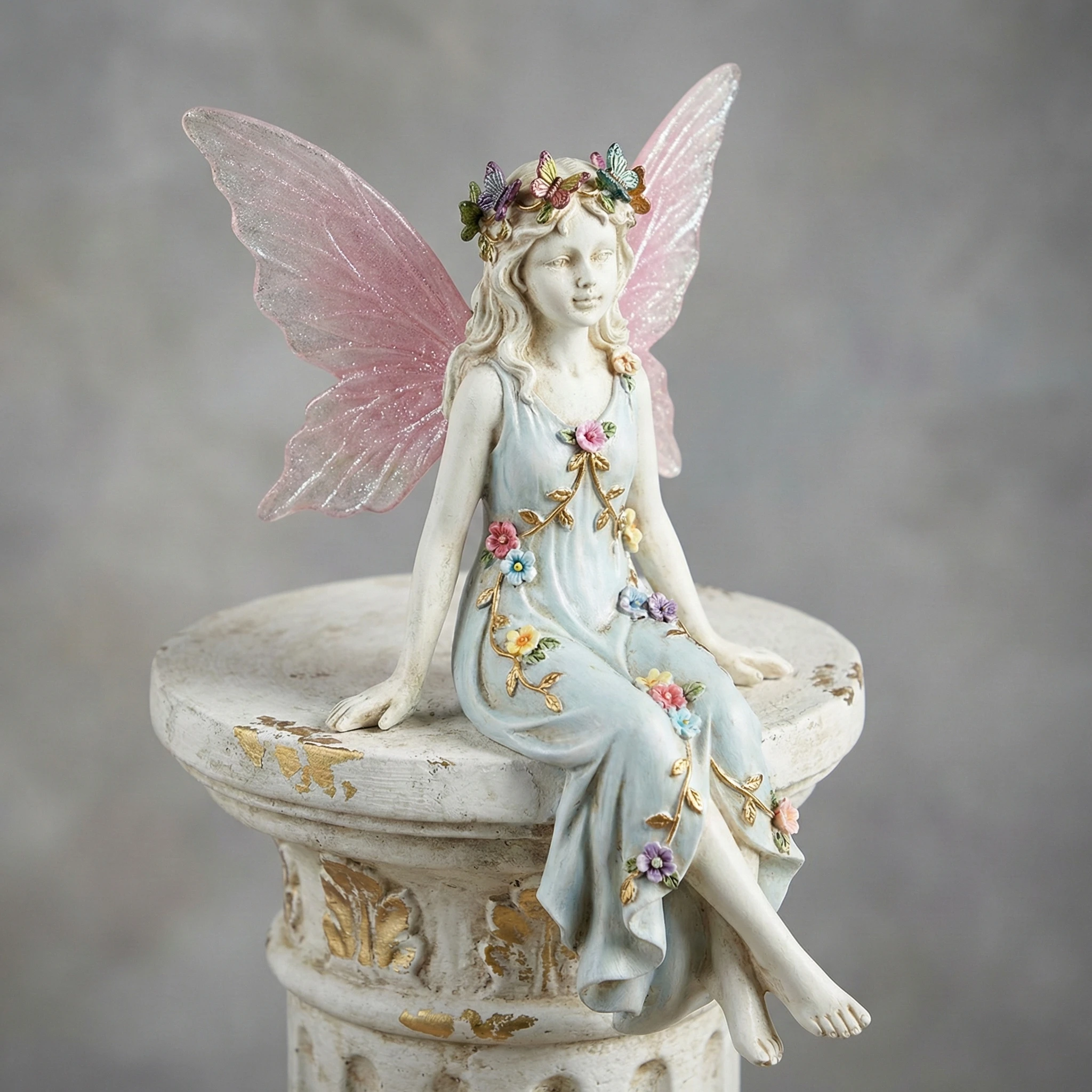 Ethereal Fairy Statue On Ornate White Stone Pedestal