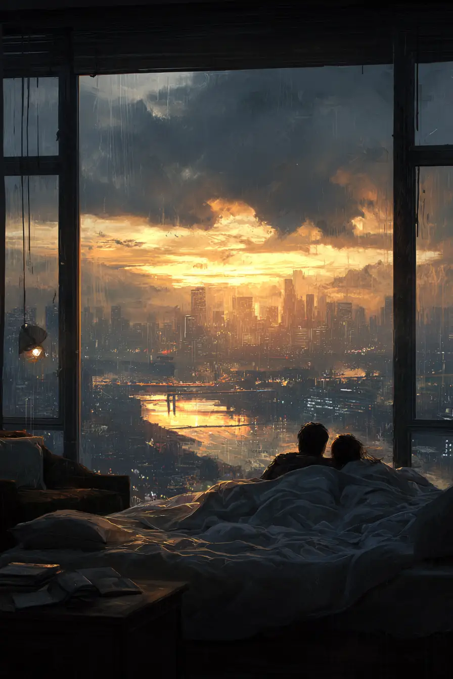 Coppia che si rilassa a letto con vista sullo skyline cittadino al tramonto