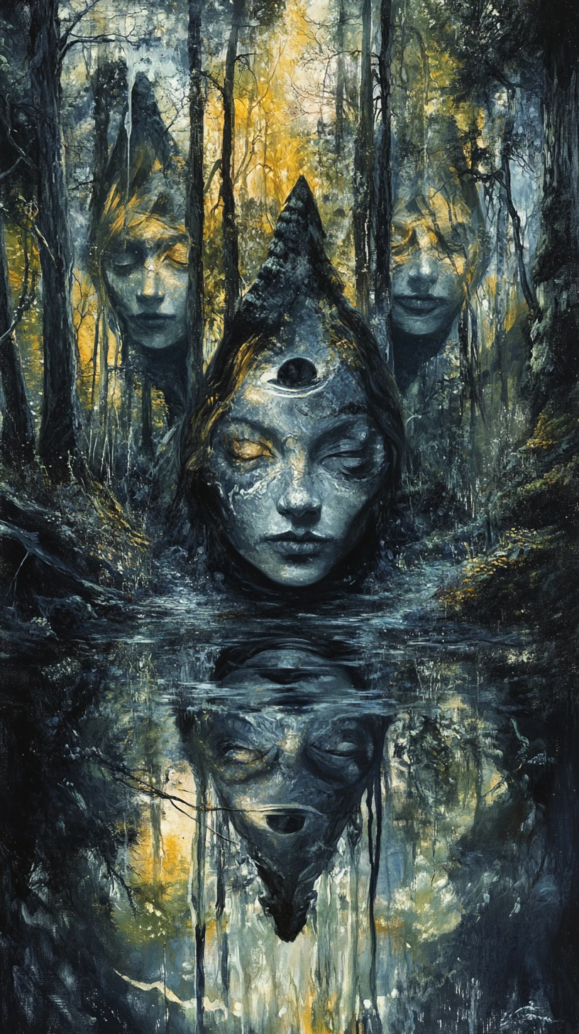 Surreal witch in a mystical forest of endless reflections