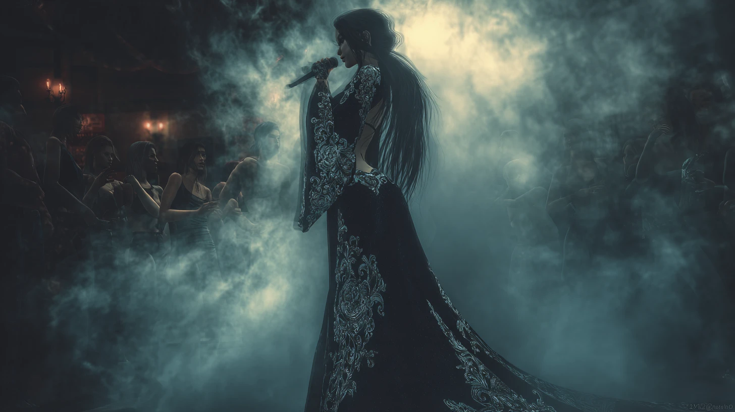 Hechicera mística cantando en un escenario de cabaré tenue