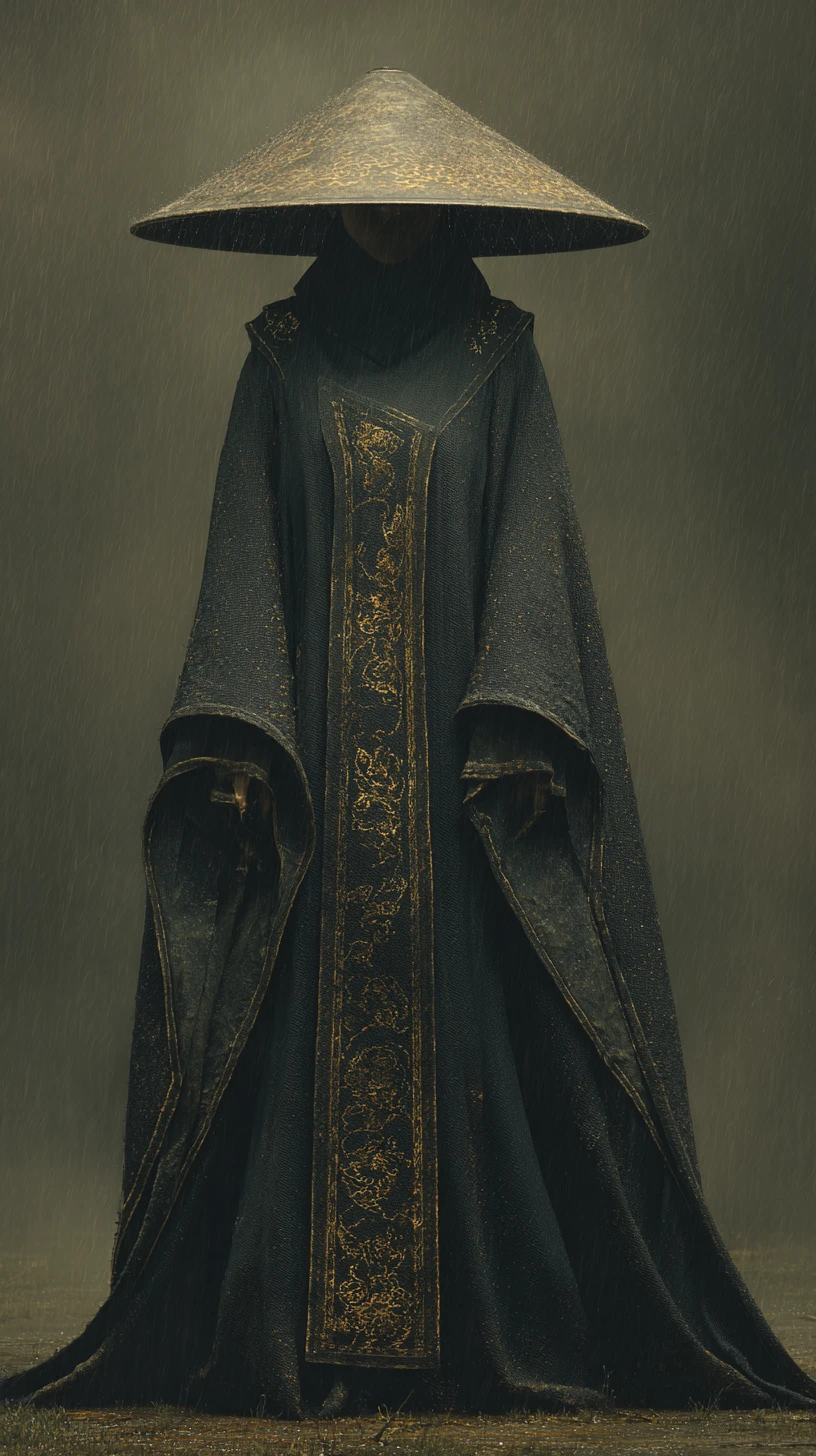 Veiled woman in rain with conical hat and flowing robes