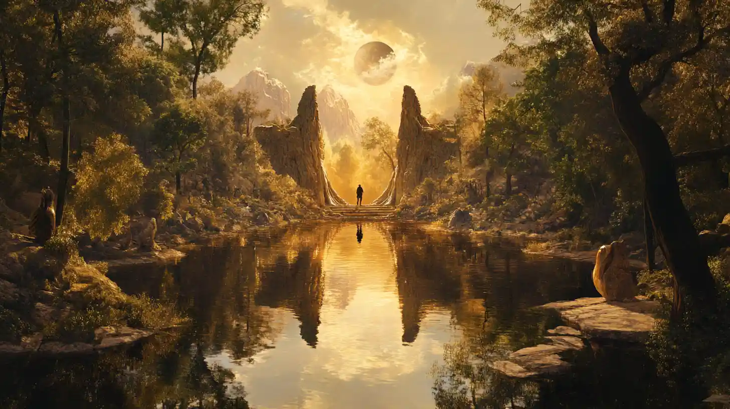 Surreale Vision von Lebensentscheidungen in einer symbolischen Innenlandschaft