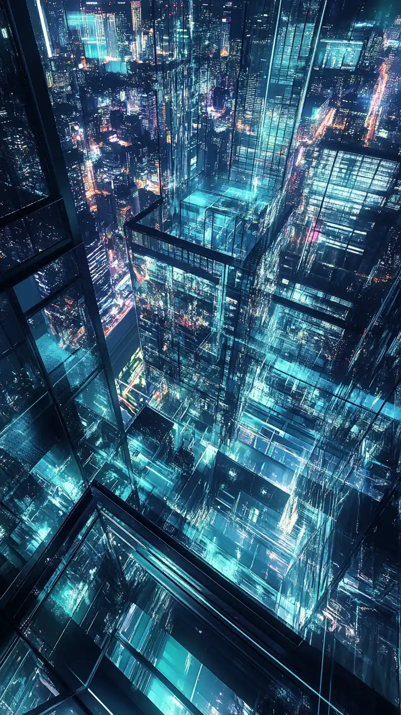 Futuristic glass headquarters glowing above the modern city