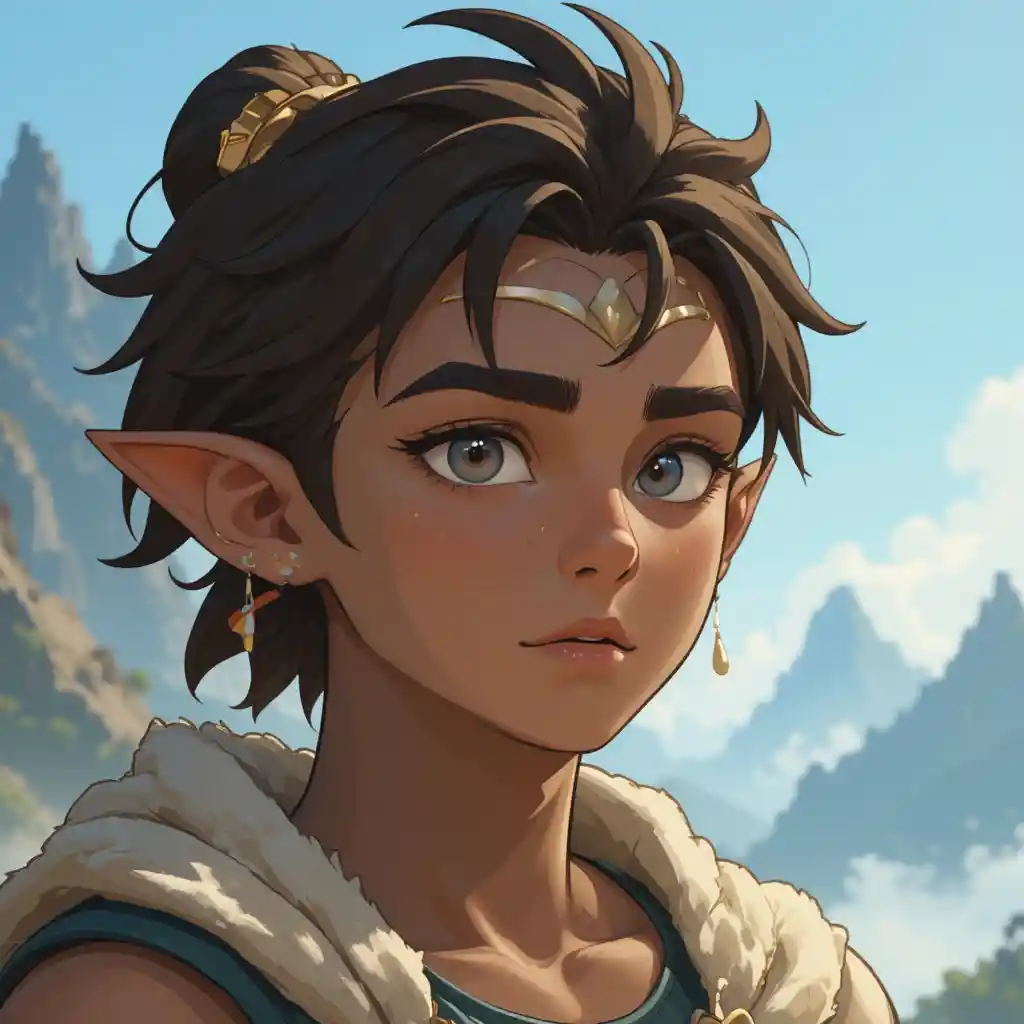 Young mountain god inspired character with dark features