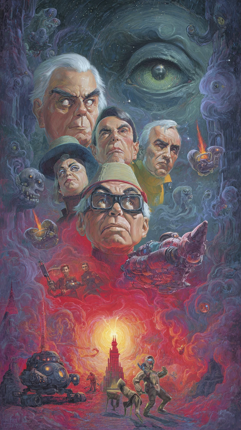 Vintage sci fi poster of aliens emerging from deep space