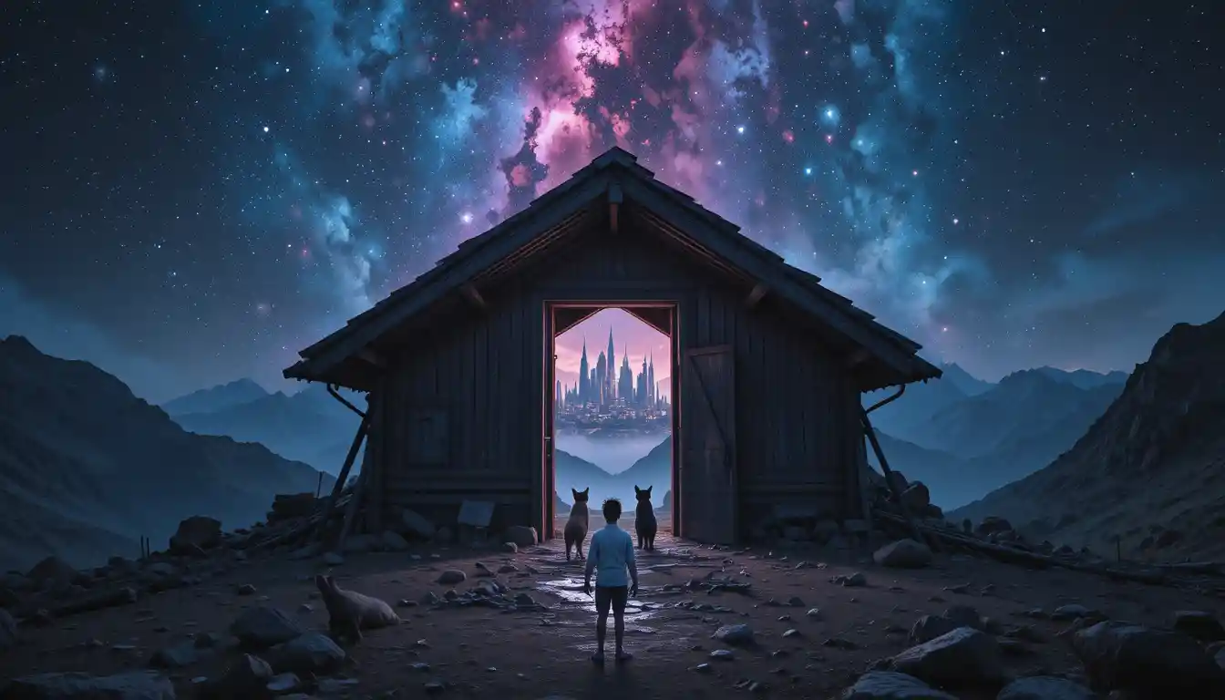 Vecchia stalla di montagna che si apre su una luminosa città cosmica