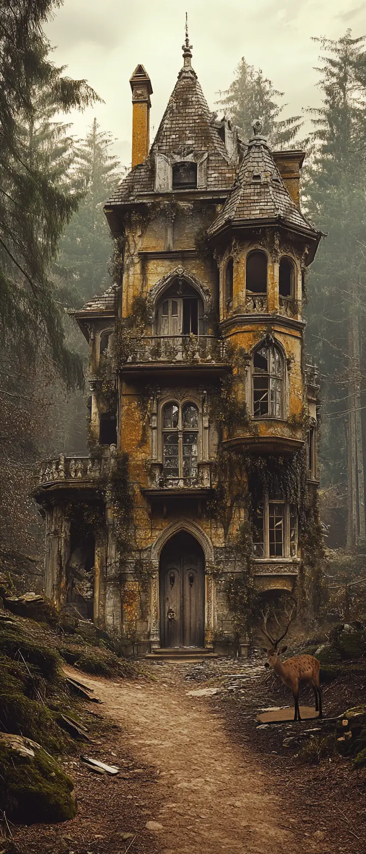 Decaying Victorian villa in a misty forest at sunset