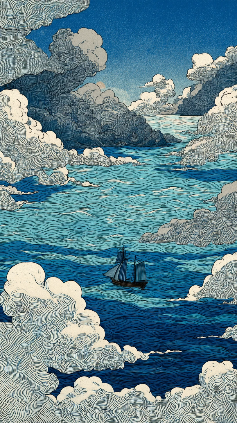 Ukiyo e ocean scene with central island and small ship