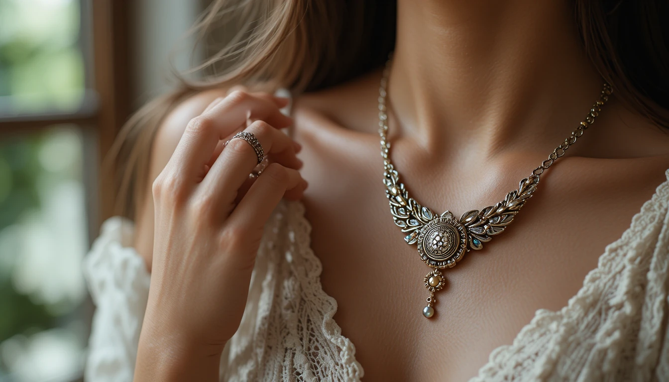 Close up of handcrafted jewelry worn in soft natural light
