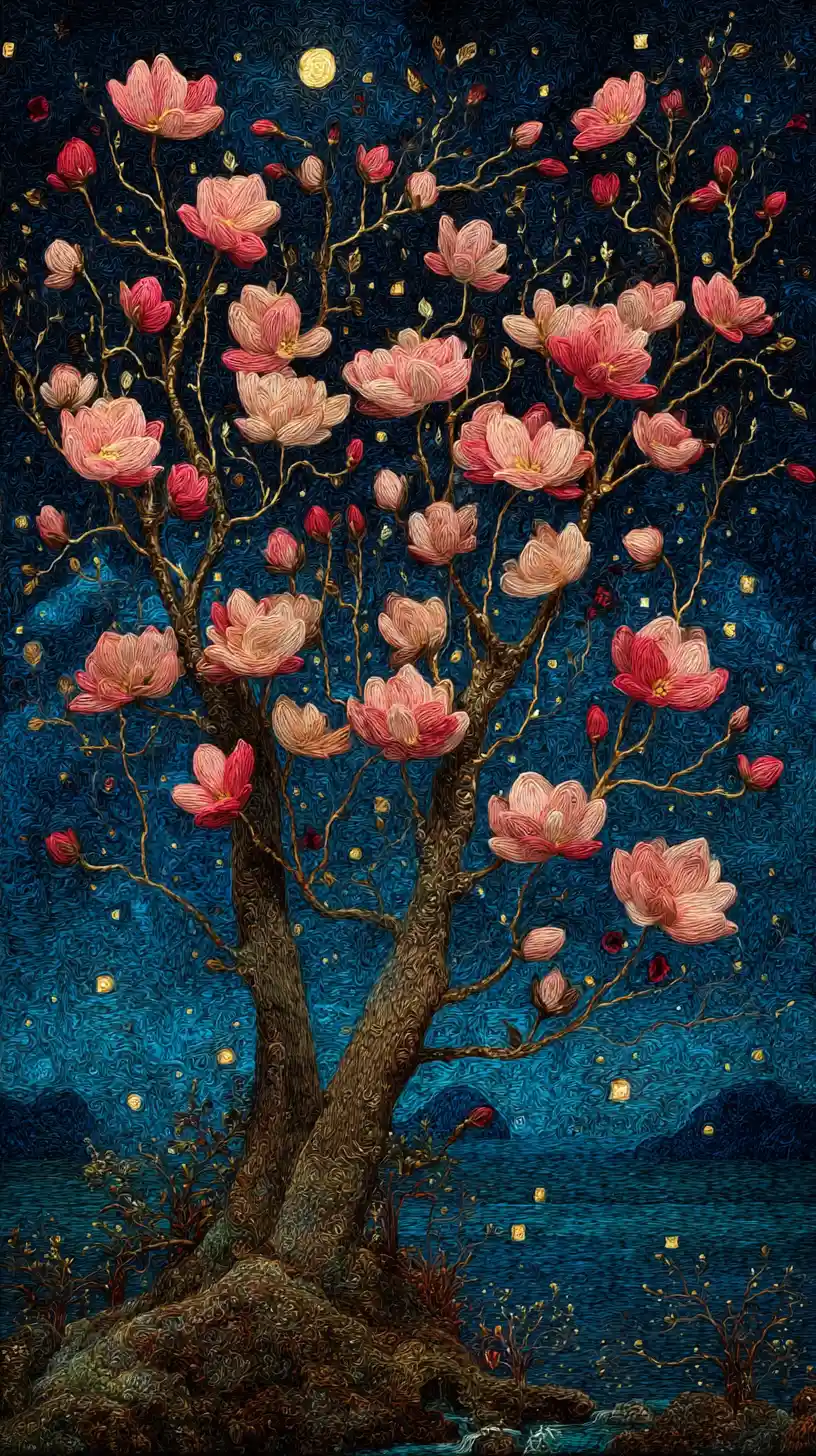 Nadelfilz-Blüten an einem Baum im verwunschenen Wald