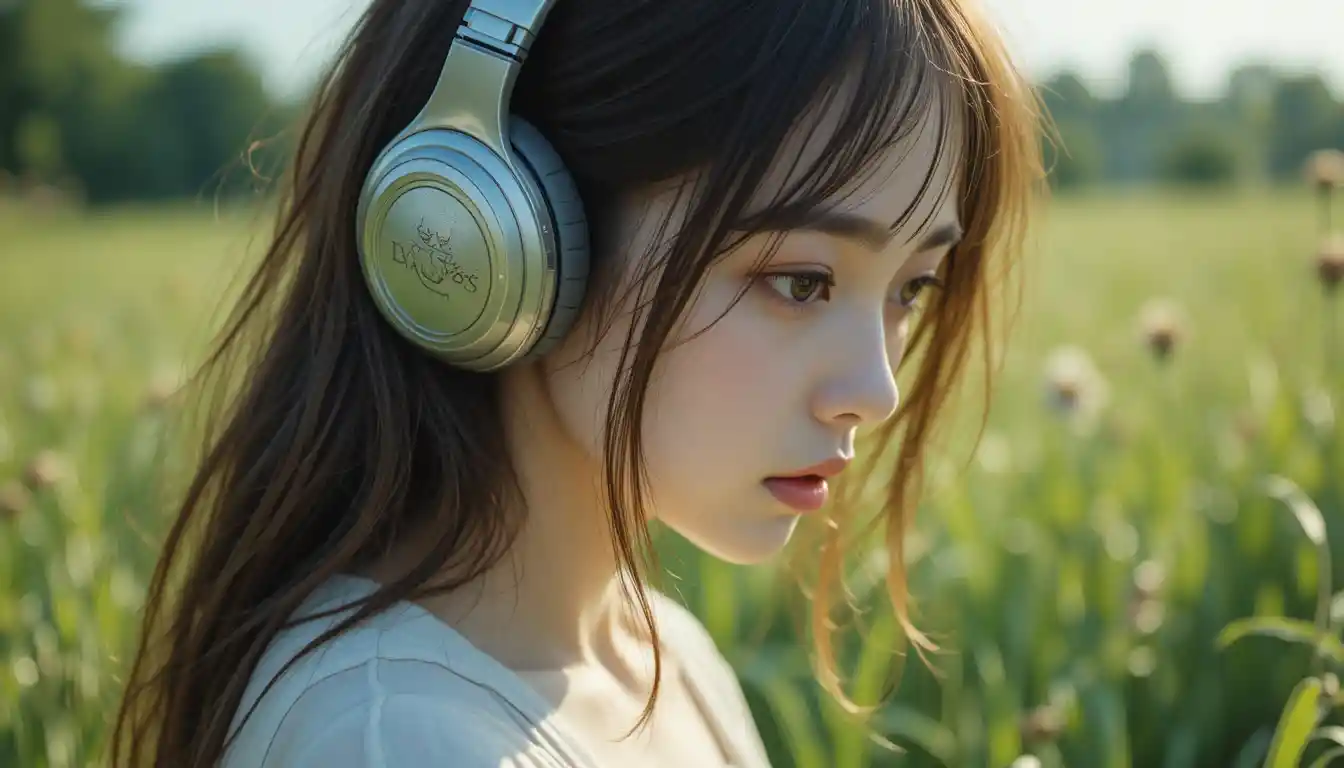 Girl with headphones standing on grass enjoying nature