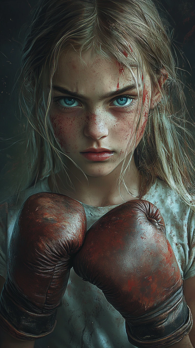 Determined young girl with bloody boxing gloves in shadow