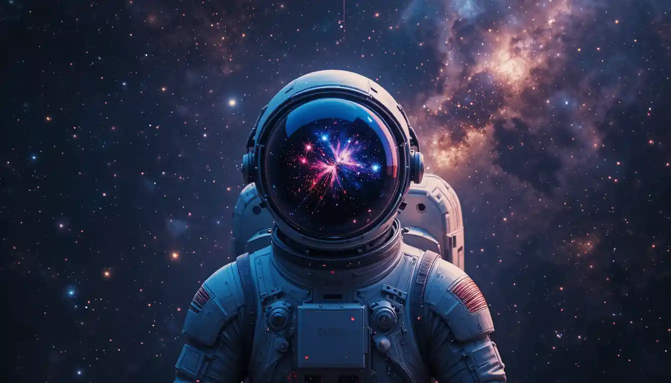 Astronaut drifting alone in vibrant intergalactic void